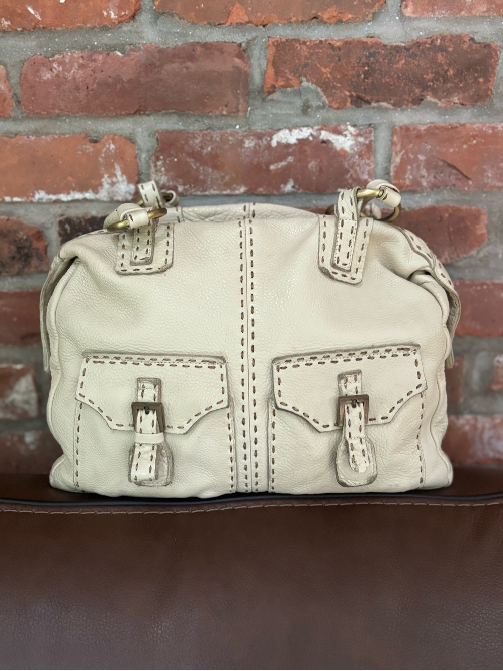Vintage Carla Mancini Off-White Leather Whipstitch Satchel Bag